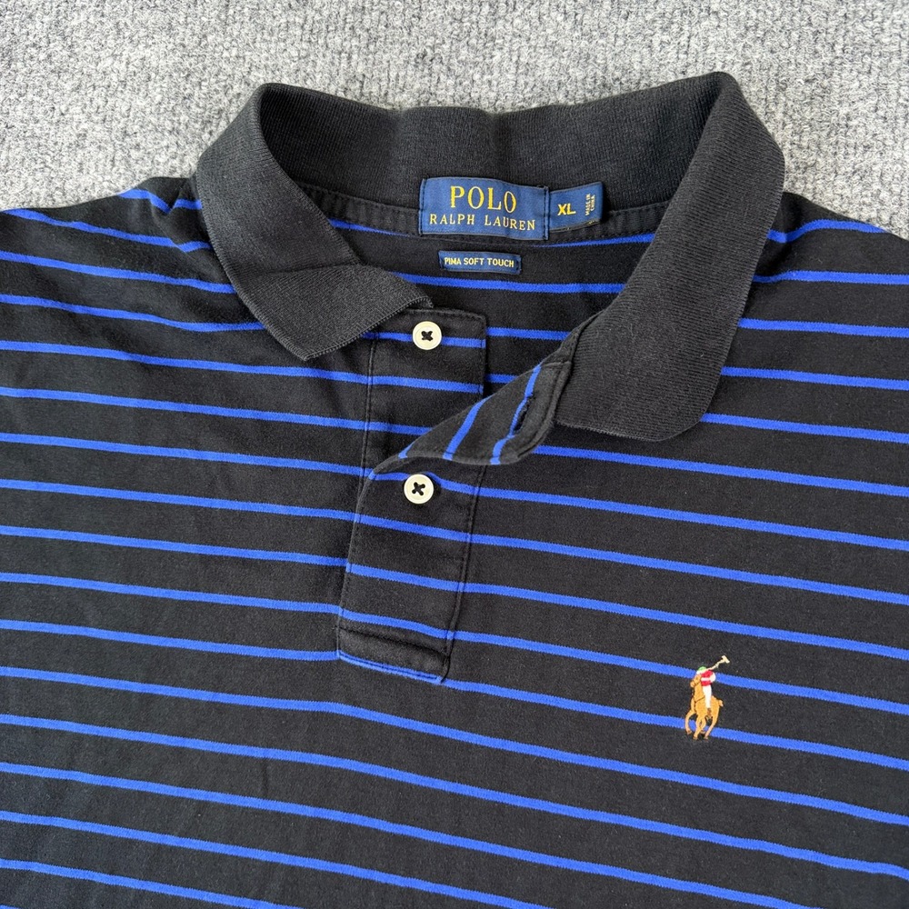 Polo Ralph Lauren Polo Shirt Mens XL Black Blue Striped Flesh Pony Preppy